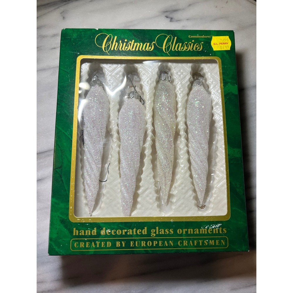 Vintage Commodore Christmas Classics Glass Icicle Ornaments White Glitter Set 4